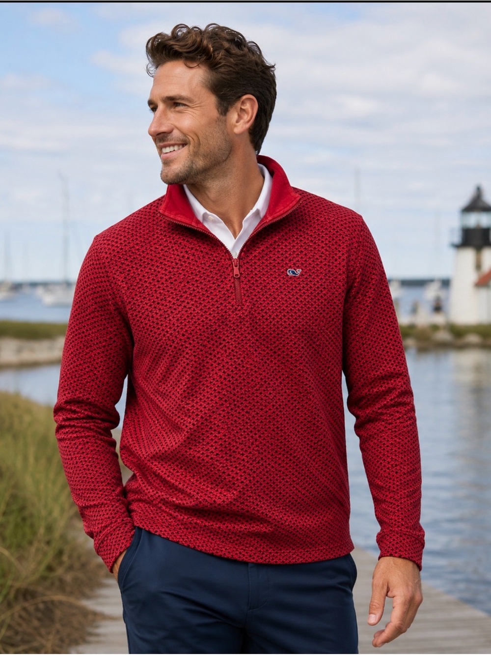 VINEYARD VINES RED BIRDSEYE GEOMETRIC PRINT 1/4 ZIP PULLOVER SWEATER XL